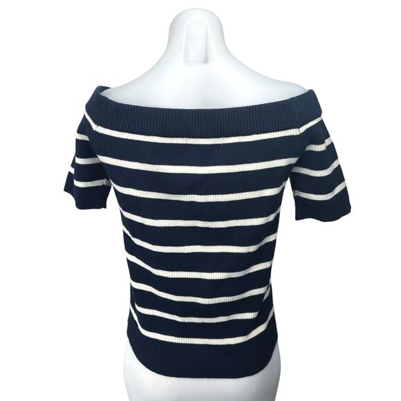 Sunday Stevens Navy Blue White Off The Shoulder Striped Knit Sweater Top Size L - Picture 6 of 8